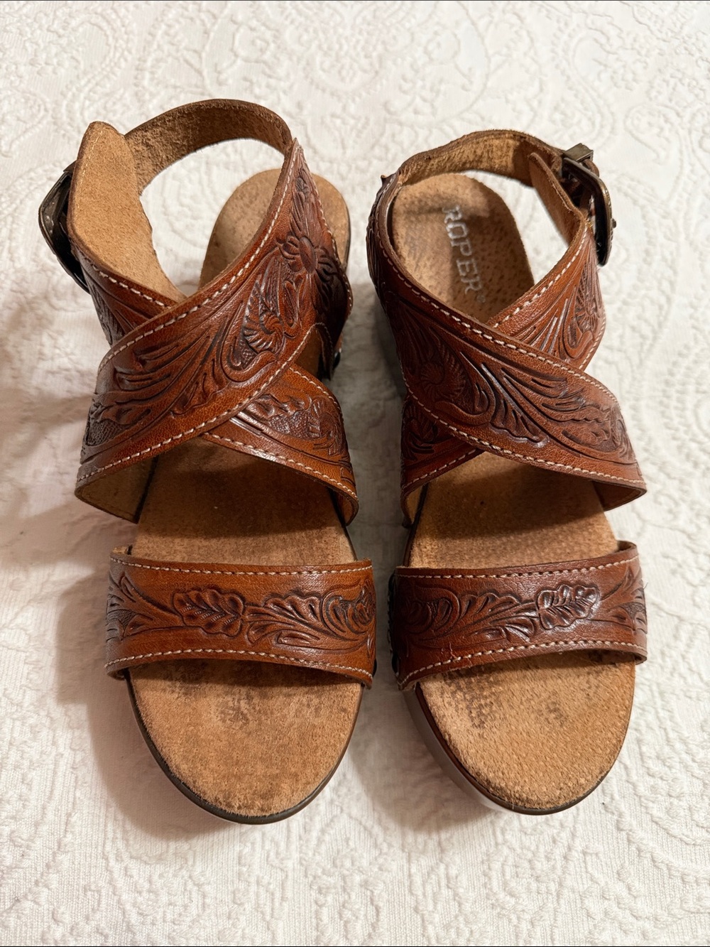 Roper Sandals Size 9 Brown Western Tooled Leather Platform - Picture 4 of 11